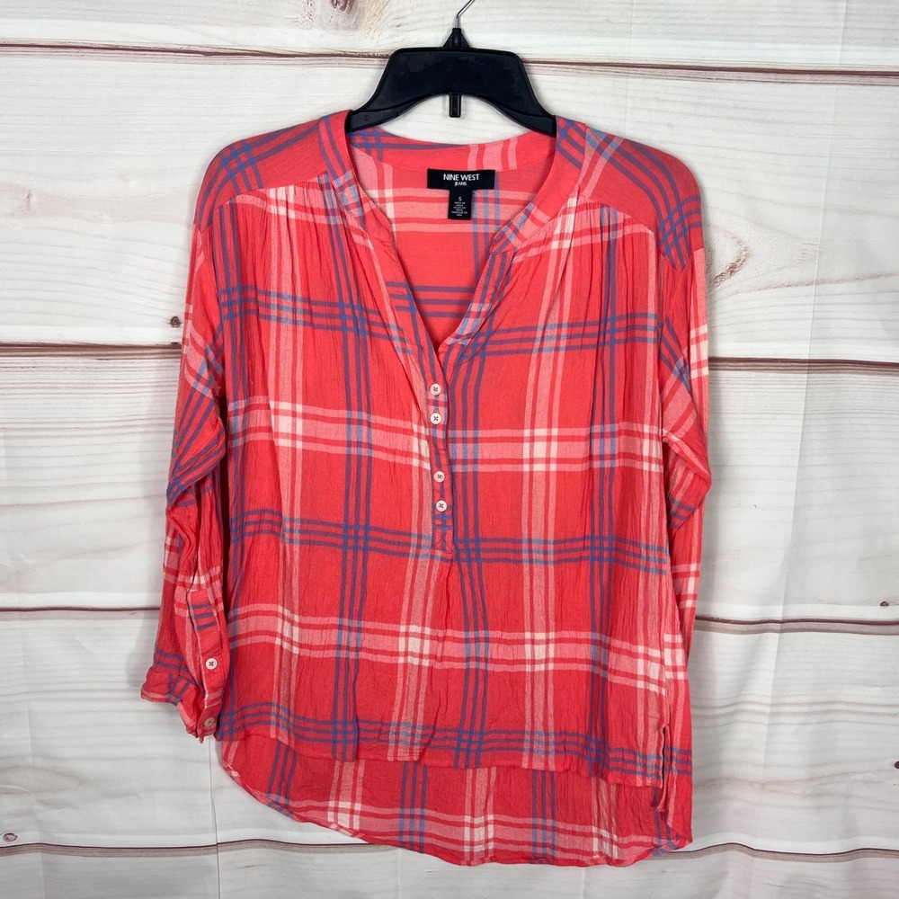 Nine West Jeans Top Womens S Orange Plaid Check Shirt Henley Long Sleeve Woven